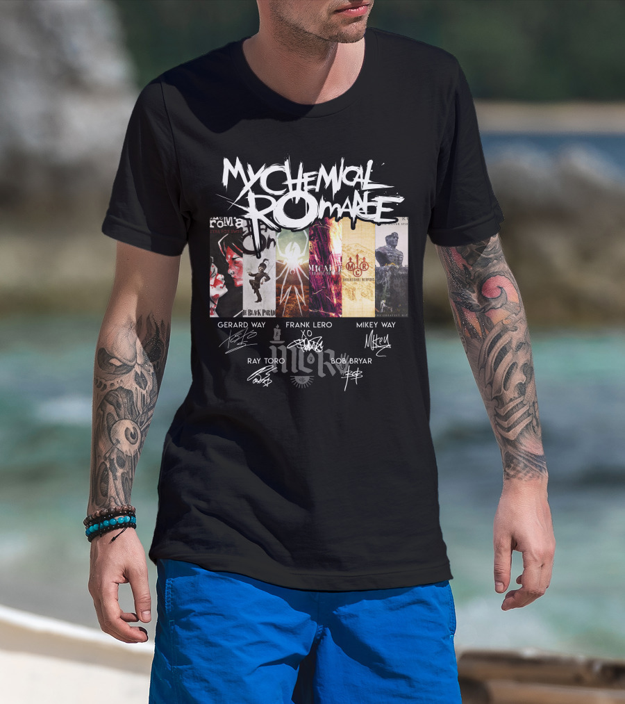 My Chemical Romance Album Collage Gerard Way Frank Iero Mikey Way Ray Toro Bob Bryar Signatures T-Shirt