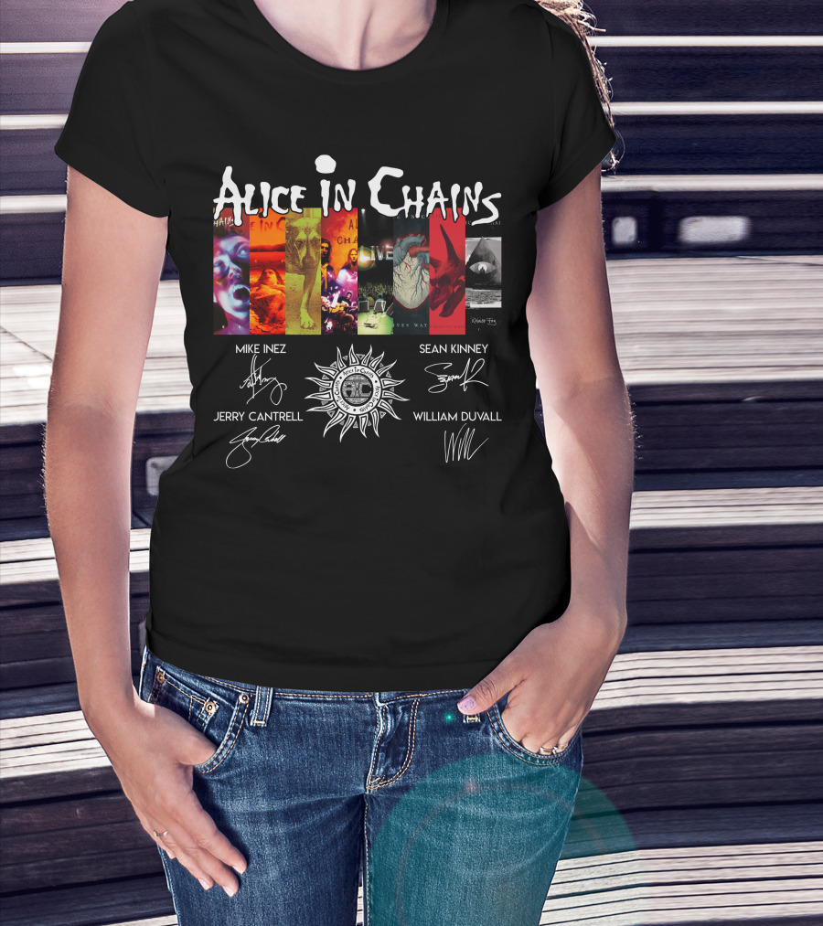 Alice In Chains Album Covers Signatures Mike Inez Sean Kinney Jerry Cantrell William Duvall T-Shirt