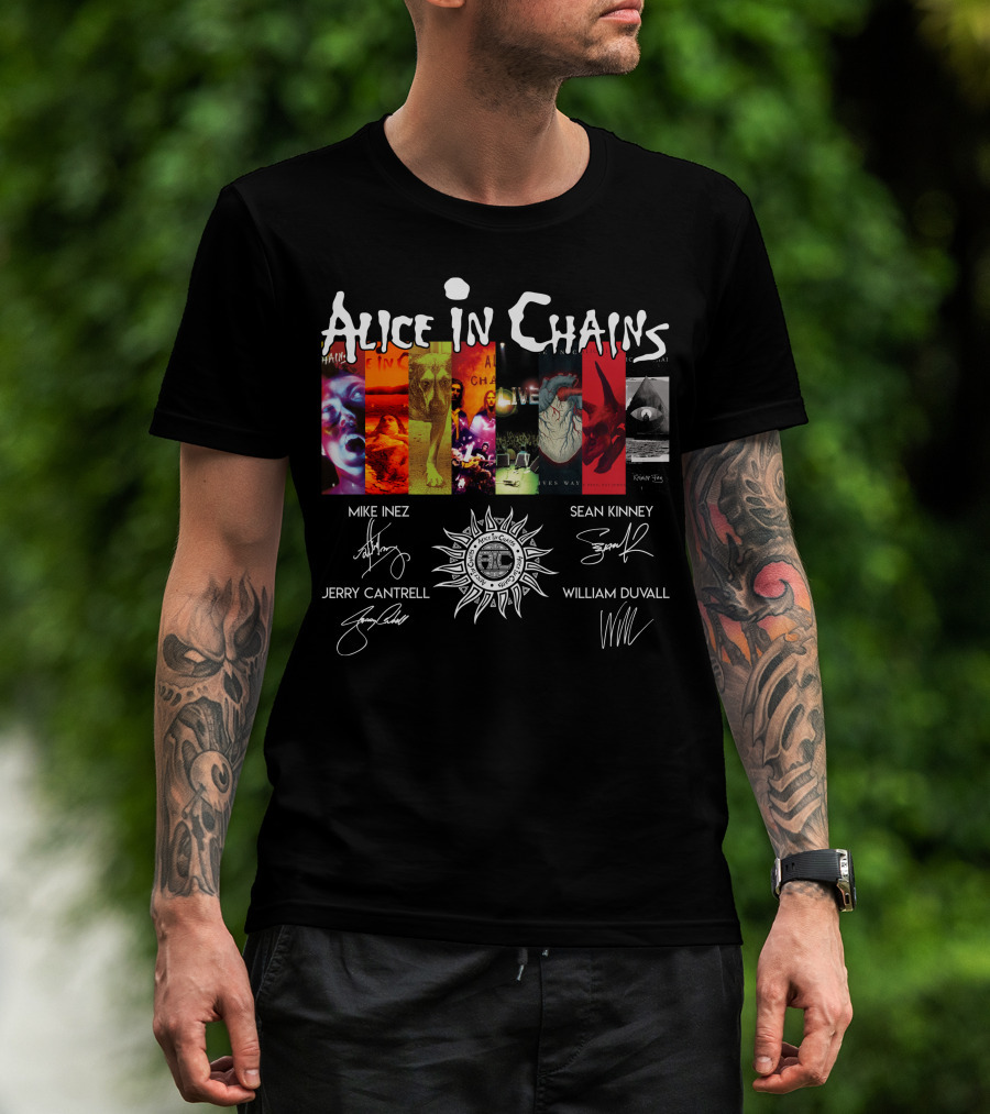 Alice In Chains Album Covers Signatures Mike Inez Sean Kinney Jerry Cantrell William Duvall T-Shirt