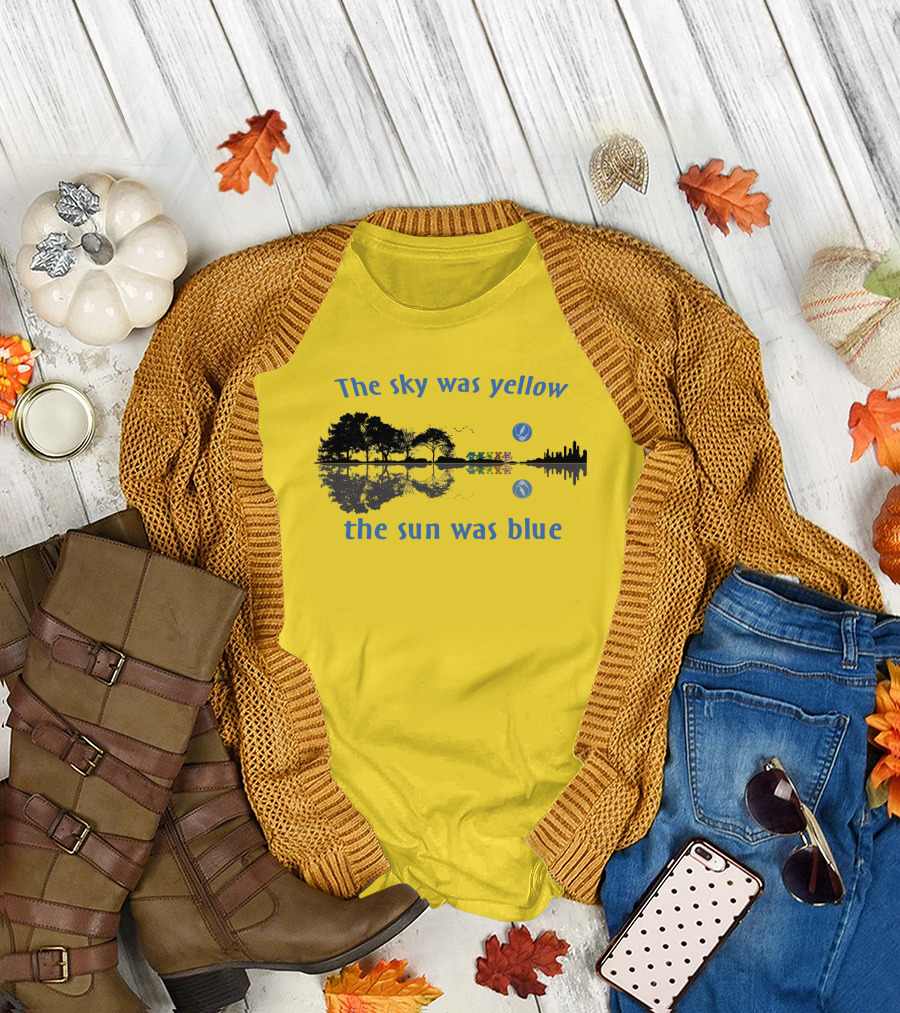 The Sky Was Yellow The Sun Was Blue Reflective Landscape and City Skyline T-Shirt