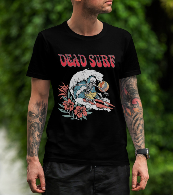 Dead Surf Skeleton Riding Wave With Hibiscus Flowers And Full Moon T-Shirt