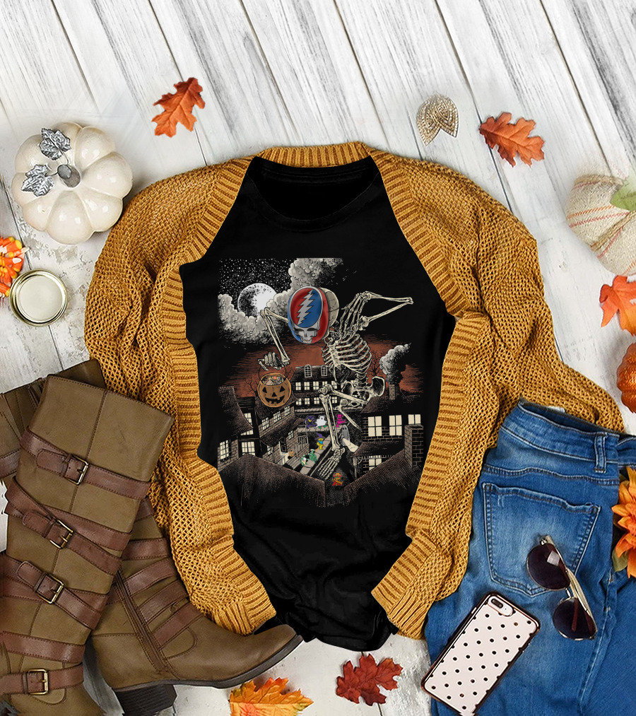 Grateful Dead Halloween Skeleton With Pumpkin and Dancing Bears Under Full Moon T-Shirt