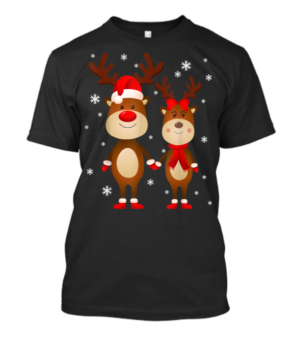 Cute Reindeer Rudolph And Clarice Holding Hands With Christmas Snowflakes T-Shirt