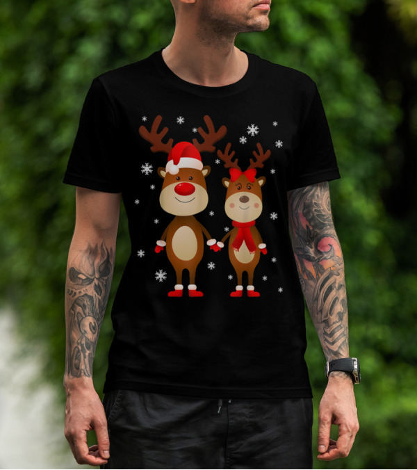 Cute Reindeer Rudolph And Clarice Holding Hands With Christmas Snowflakes T-Shirt