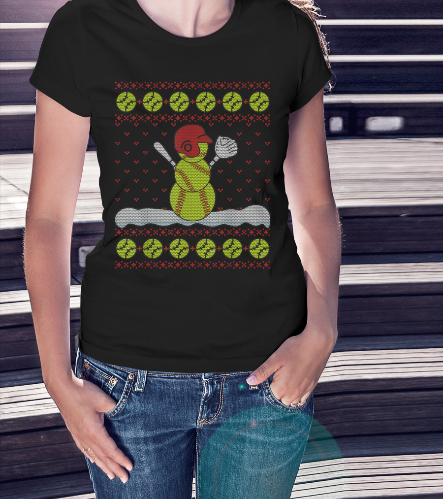 Baseball Snowman Ugly Christmas T-Shirt