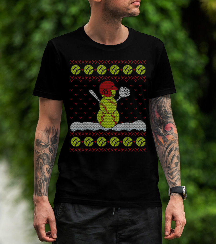 Baseball Snowman Ugly Christmas T-Shirt