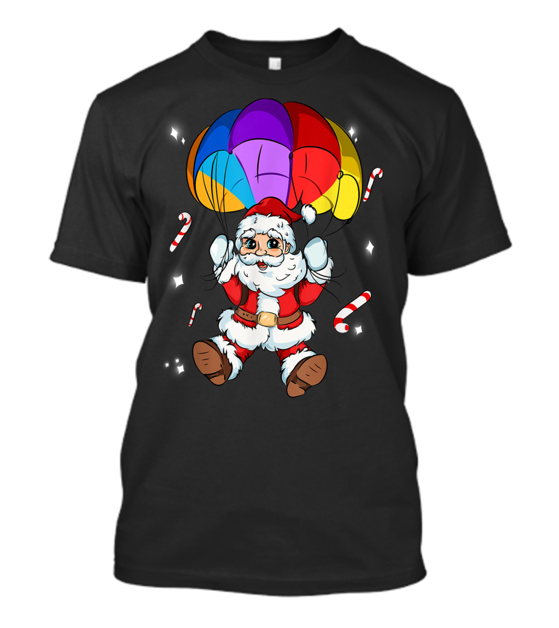 Skydiving Santa With Rainbow Parachute And Candy Canes T-Shirt