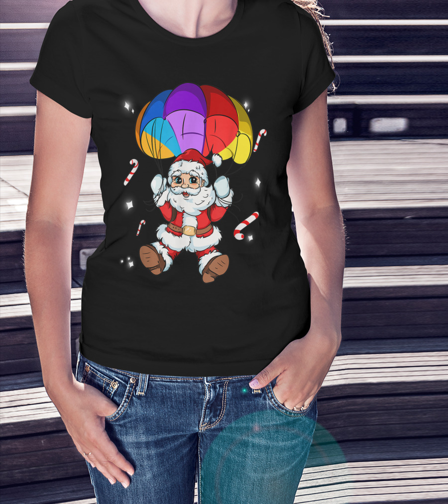 Skydiving Santa With Rainbow Parachute And Candy Canes T-Shirt