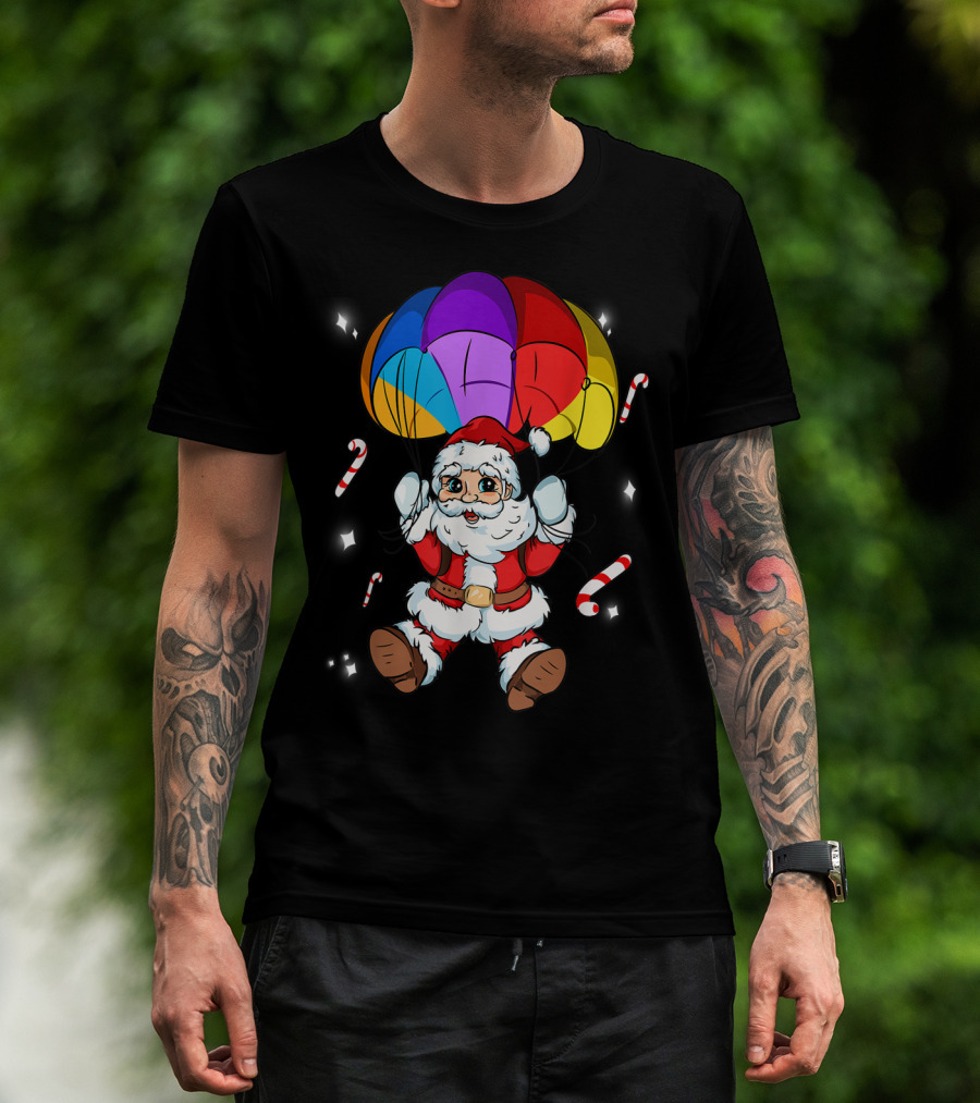 Skydiving Santa With Rainbow Parachute And Candy Canes T-Shirt