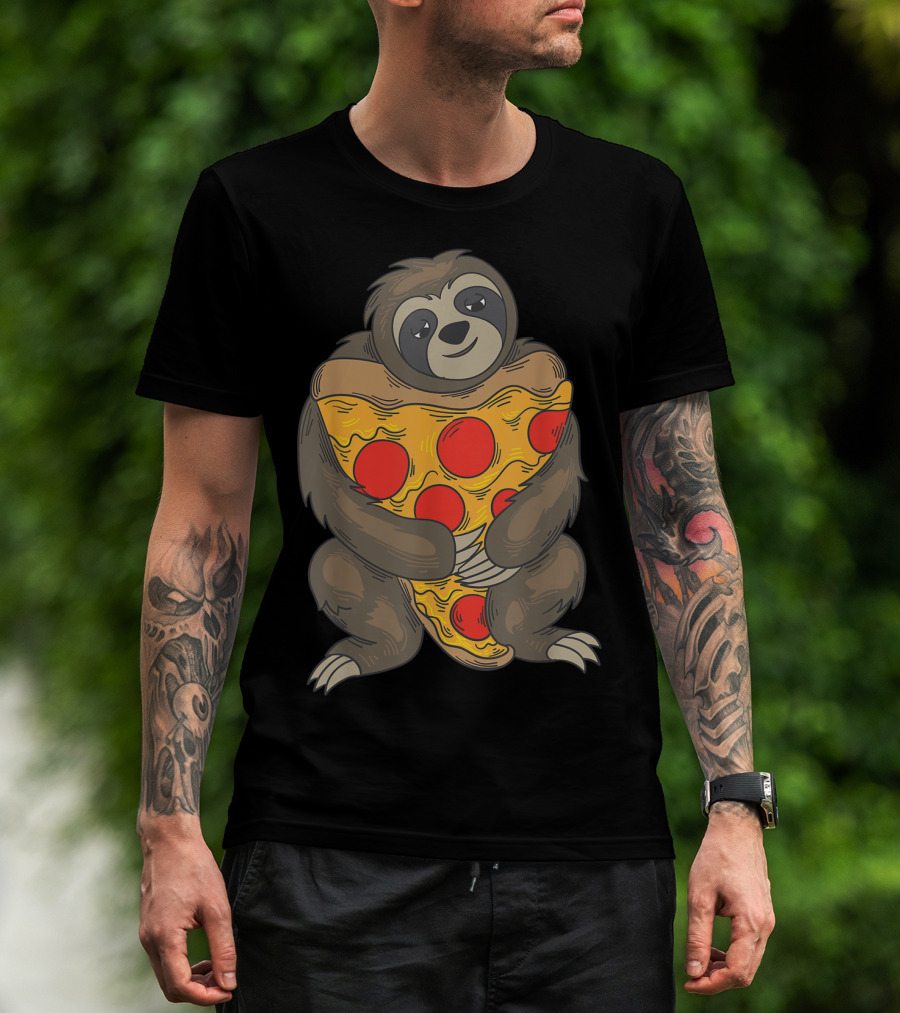 Cute Sloth Hugging Pizza Pie Funny Love Sluggish Pizza T-Shirt