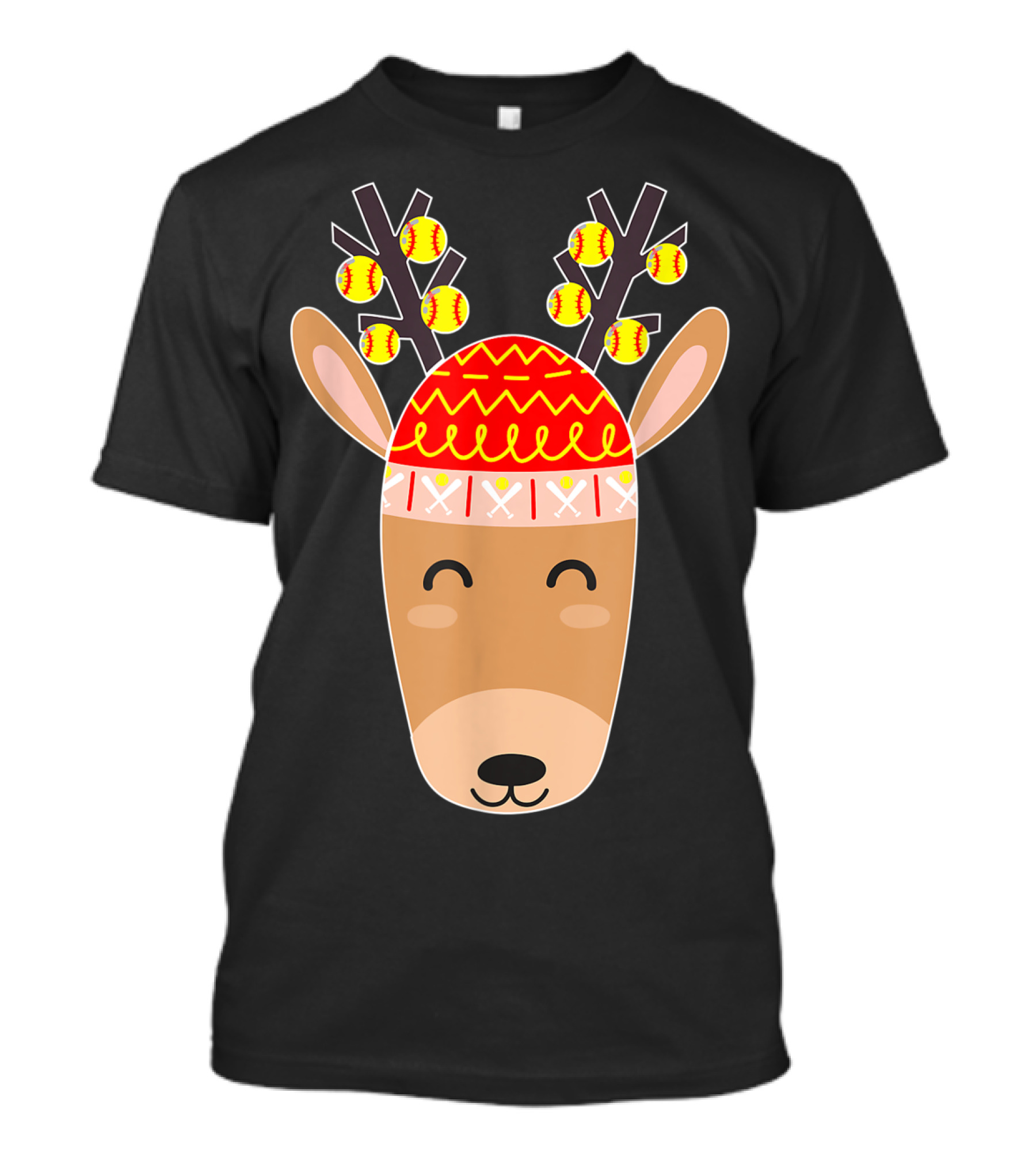 Cute Softball Christmas Reindeer With Festive Antlers And Softball Ornaments T-Shirt