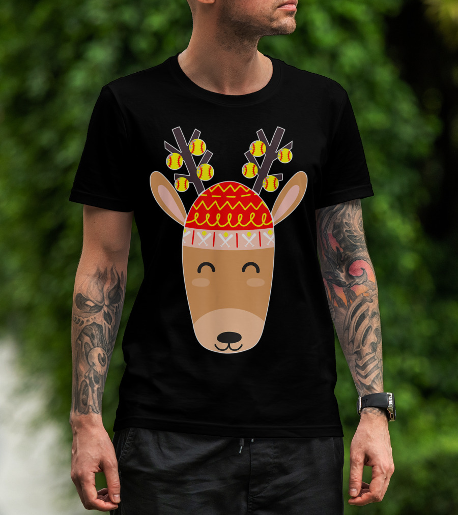 Cute Softball Christmas Reindeer With Festive Antlers And Softball Ornaments T-Shirt