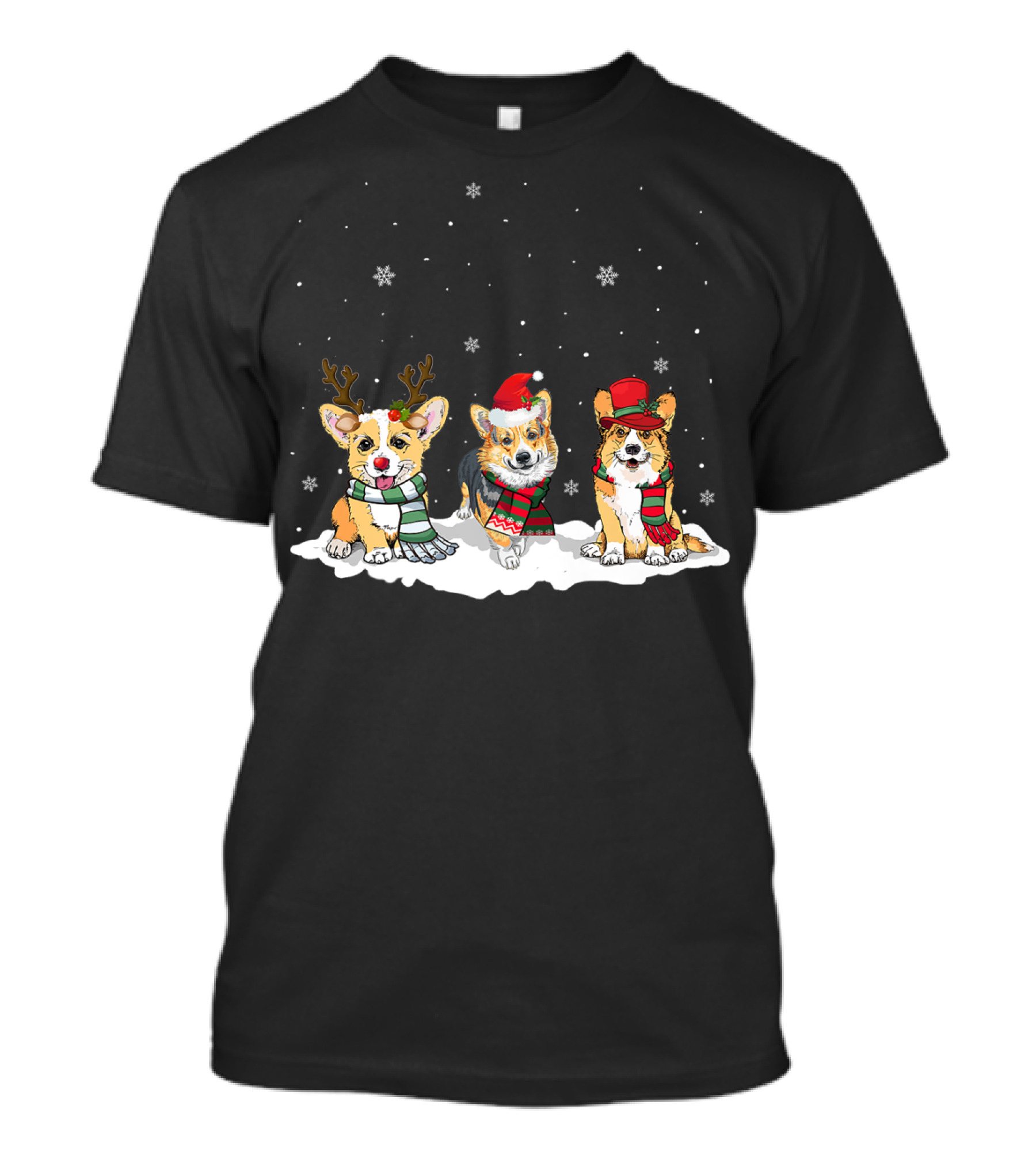 Cute Three Corgi Reindeer Santa Hat Snowflake Scarf T-Shirt