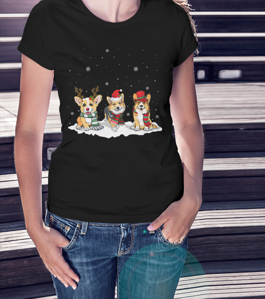 Cute Three Corgi Reindeer Santa Hat Snowflake Scarf T-Shirt