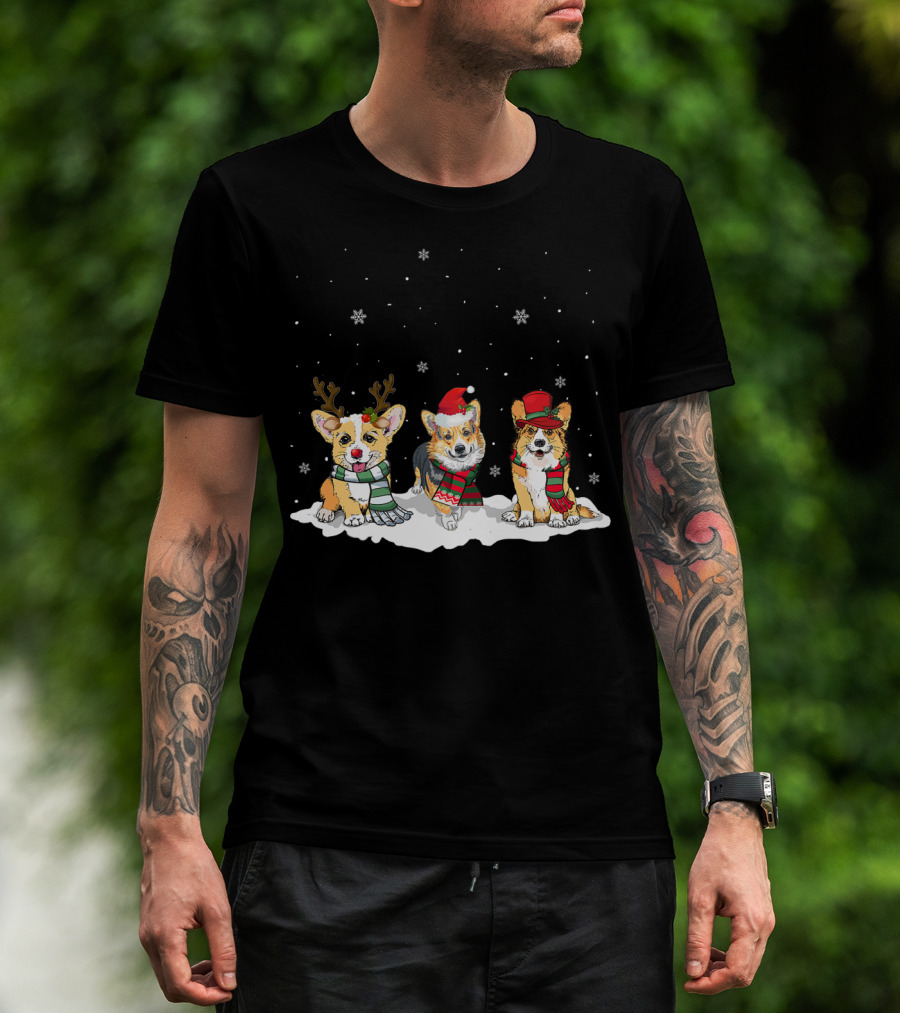 Cute Three Corgi Reindeer Santa Hat Snowflake Scarf T-Shirt