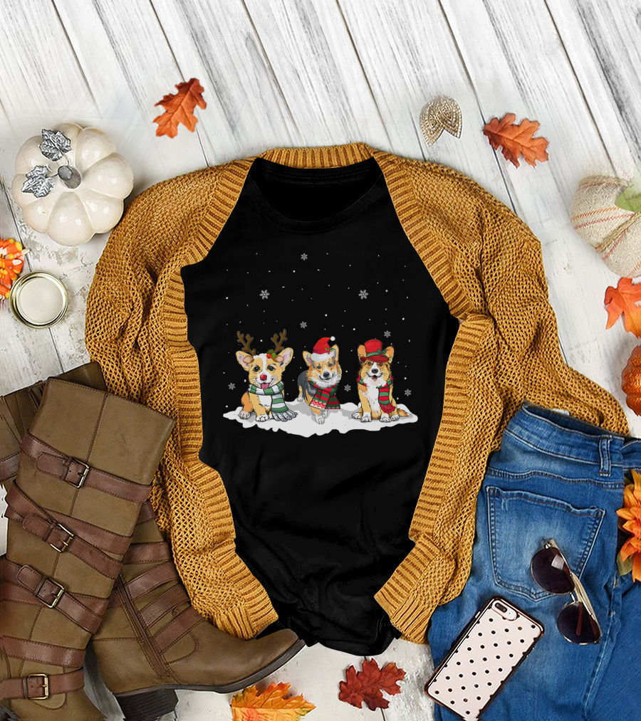Cute Three Corgi Reindeer Santa Hat Snowflake Scarf T-Shirt