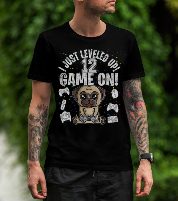 I Just Leveled Up 12 Game On Pug Dog Controller Gaming Confetti T-Shirt