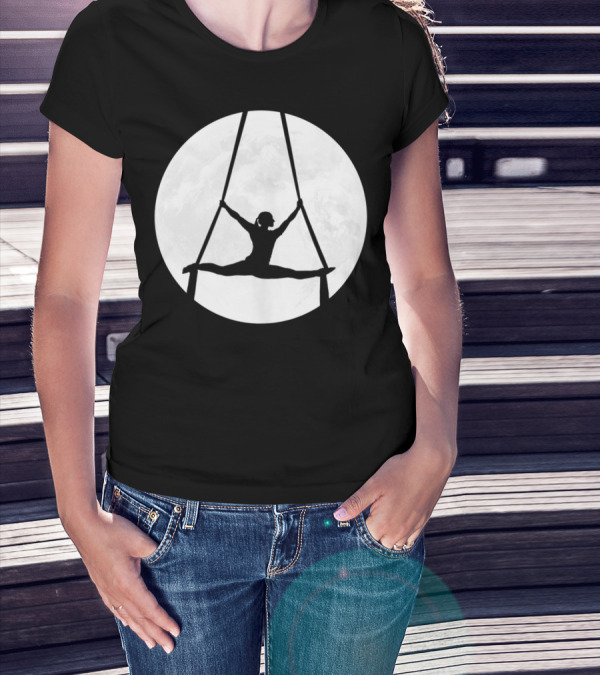 Aerialist Performing Silks Routine In Front Of Full Moon T-Shirt