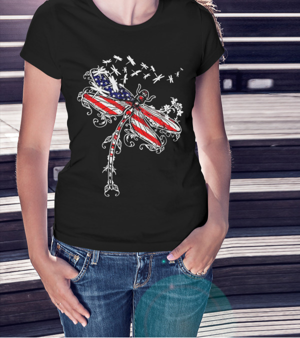 American Flag Dragonfly USA Independence Day Patriotic Insect T-Shirt