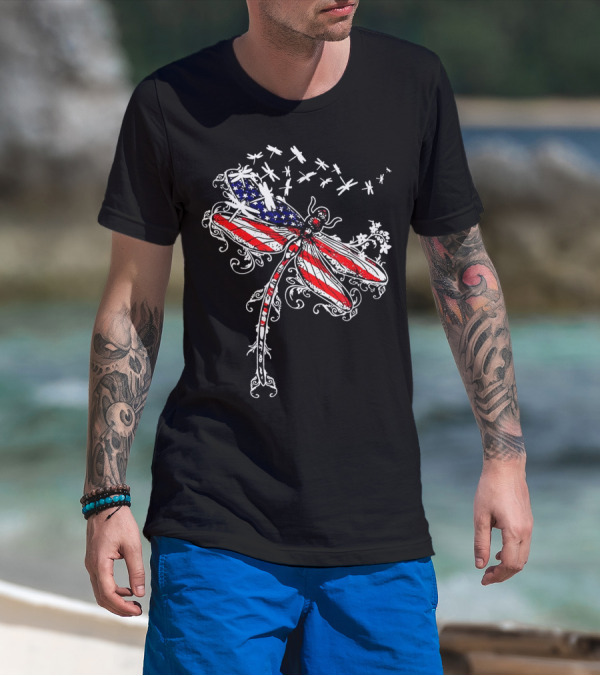 American Flag Dragonfly USA Independence Day Patriotic Insect T-Shirt