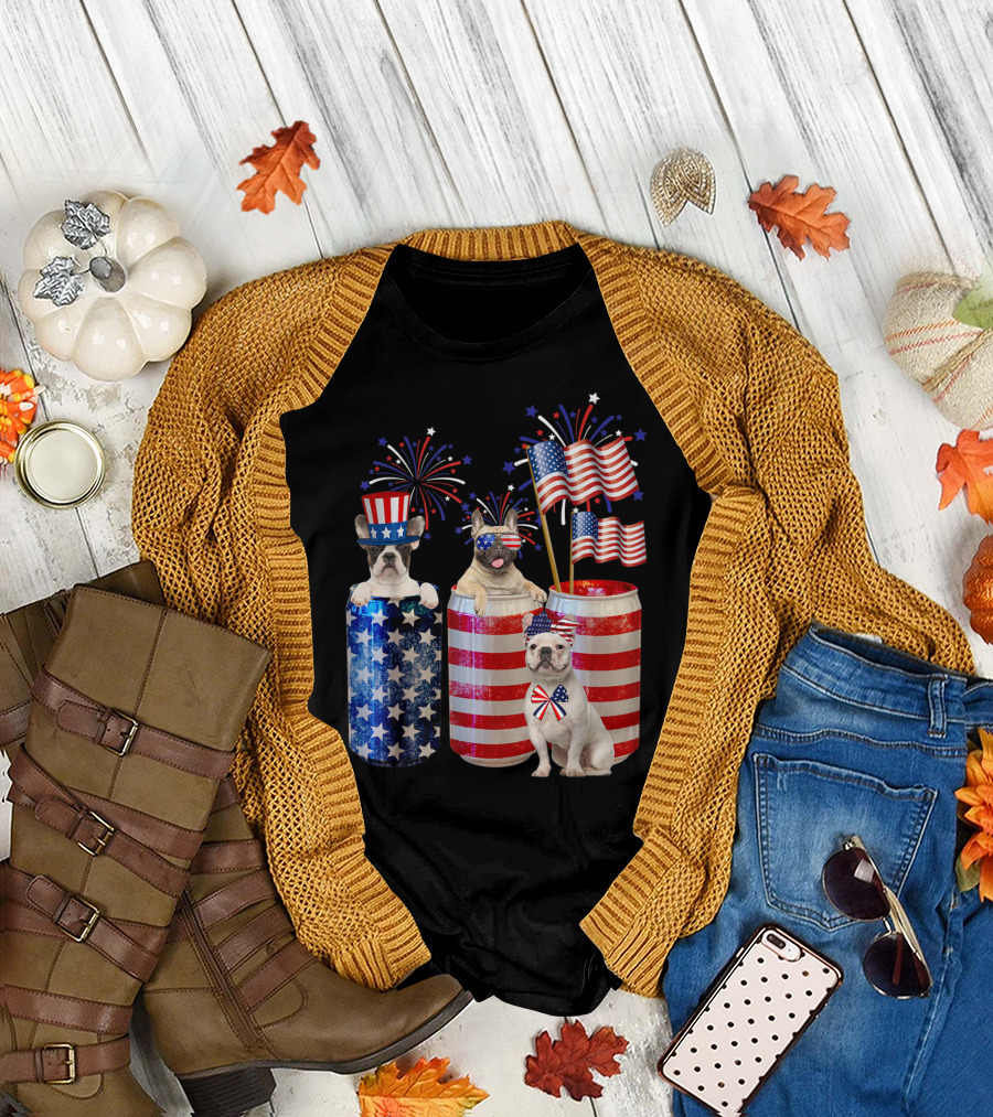 American French Bulldog with Beer Cans and US Flag Fireworks T-Shirt