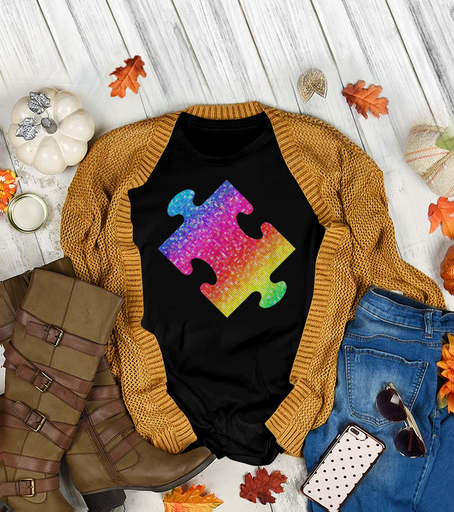 Autism Awareness Rainbow Puzzle Piece Symbol for Parents and Adults T-Shirt