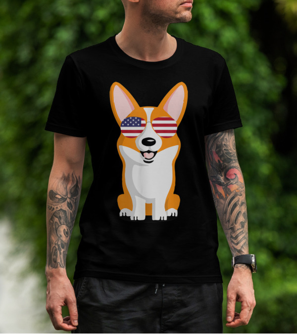 Corgi American Flag Sunglasses 4th Of July Puppy T-Shirt
