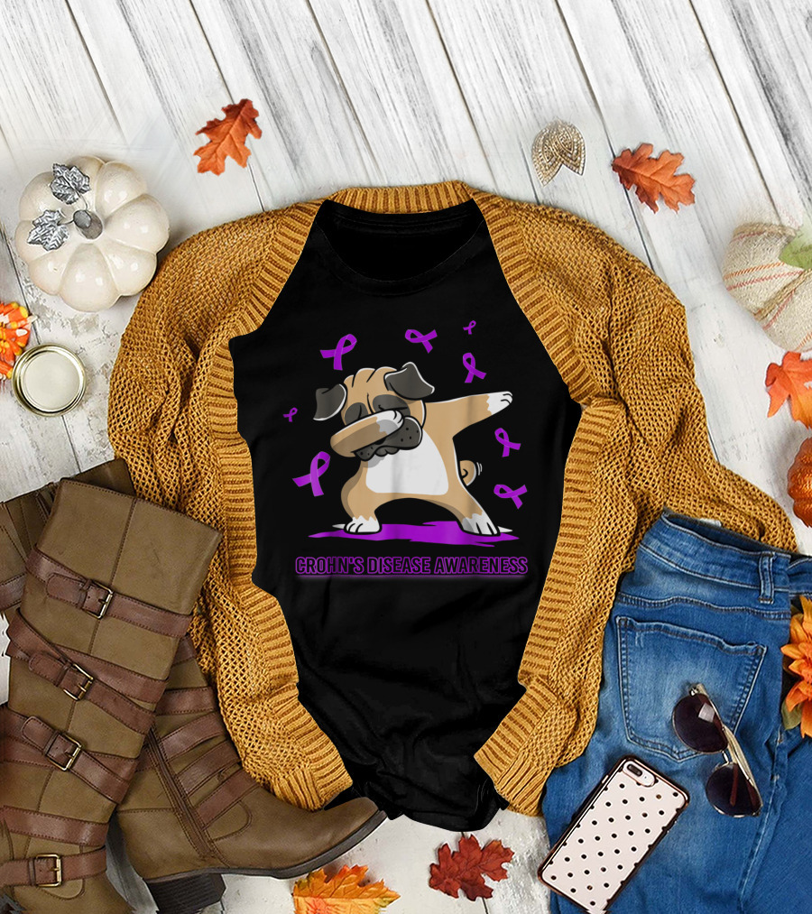 Crohn's Disease Awareness Dabbing Pug with Purple Ribbons T-Shirt