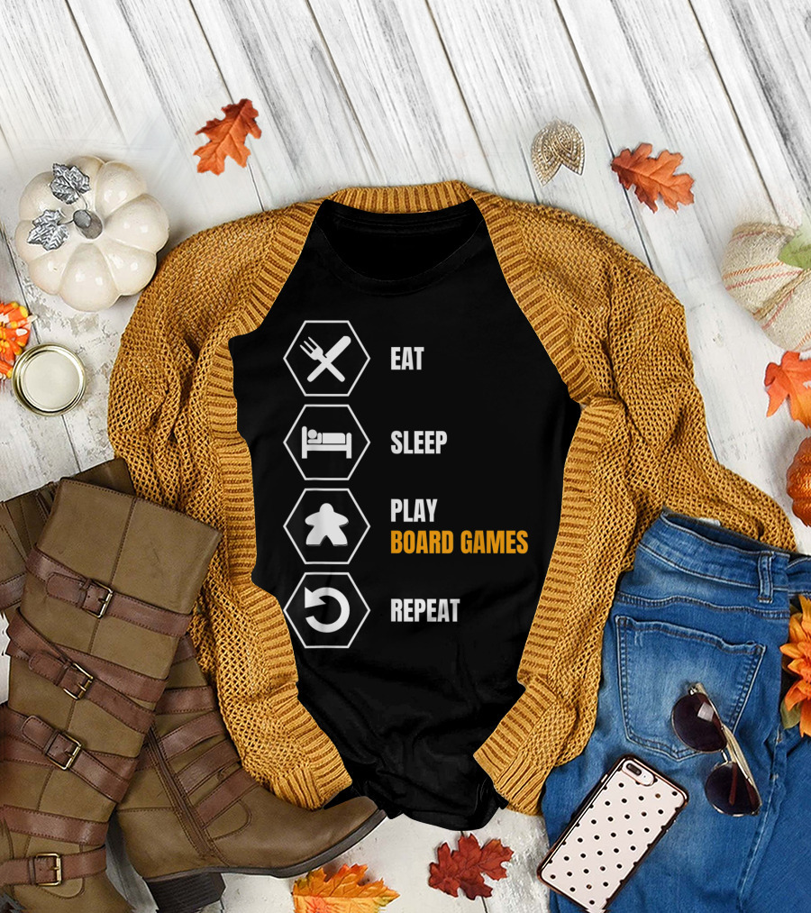 Eat Sleep Play Board Games Repeat Meeple Icons T-Shirt