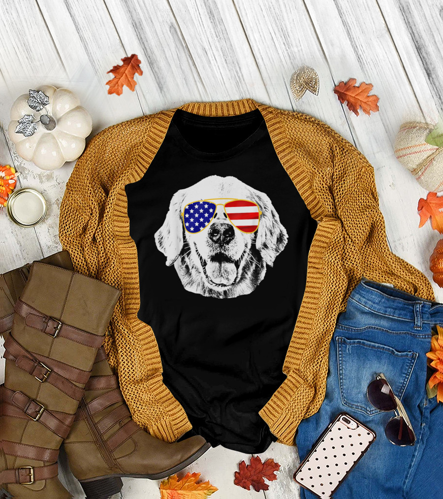 Golden Retriever Wearing American Flag Sunglasses T-Shirt