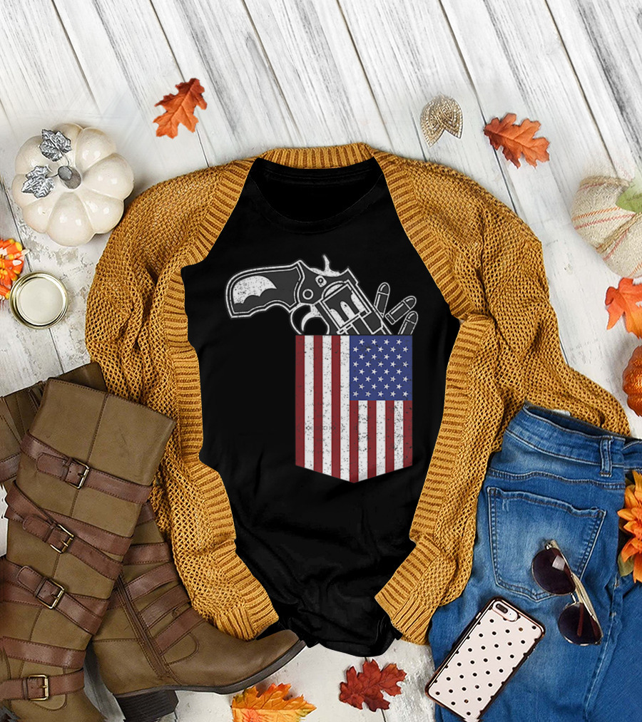 Gun in American Flag Pocket Patriotic Humor T-Shirt