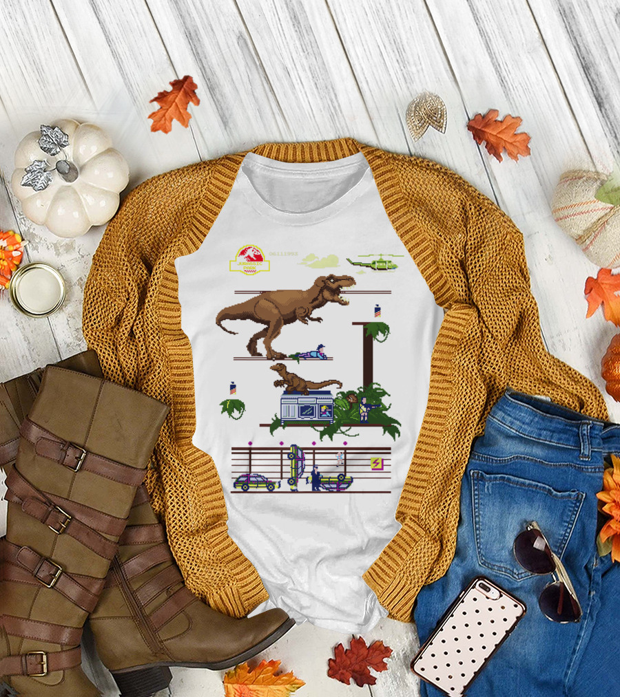 Jurassic Park T-Rex 8-Bit Video Game Scene 06111993 Helicopter Enclosure Jeep T-Shirt