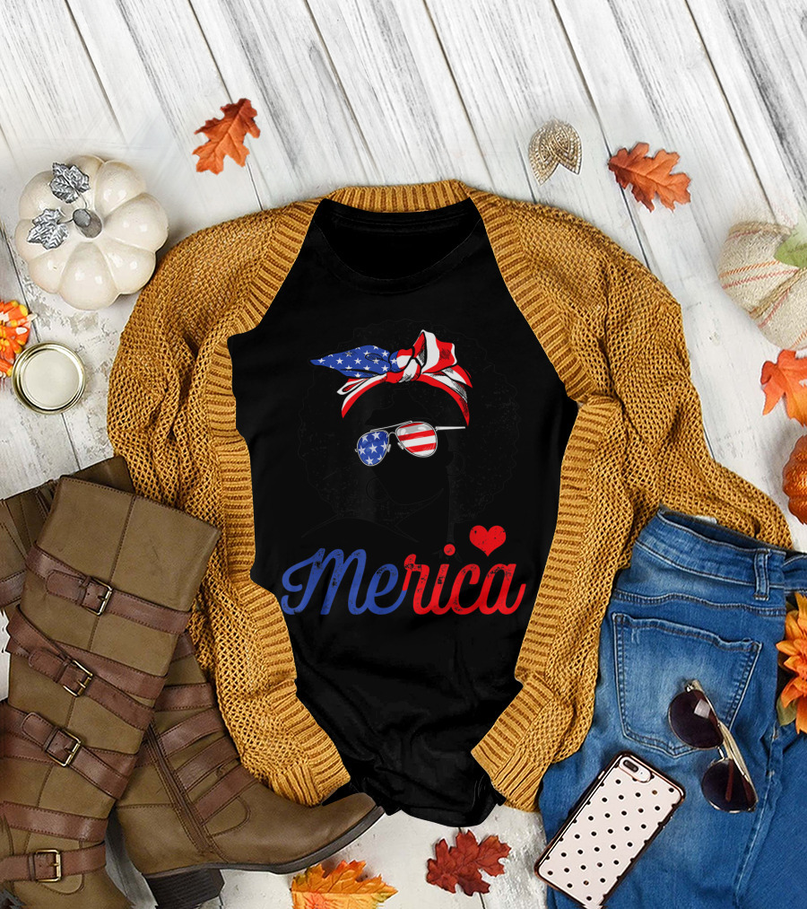 Merica Red White Blue Afro Bandana Heart USA Flag Glasses 4th Of July Women's Black T-Shirt