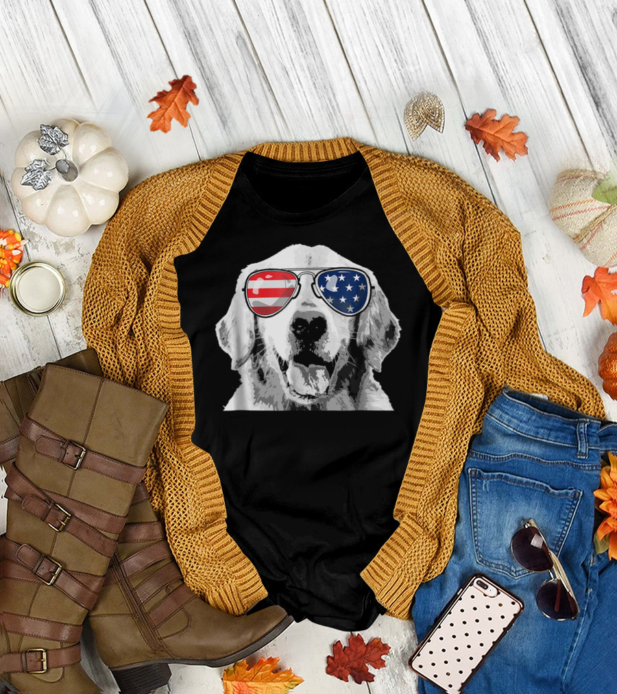 Patriotic Golden Retriever Dog Wearing American Flag Sunglasses 4th of July T-Shirt