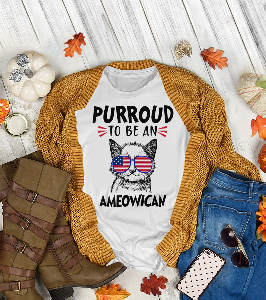 Purroud To Be An Ameowican Cat with USA Flag Sunglasses 4th of July T-Shirt