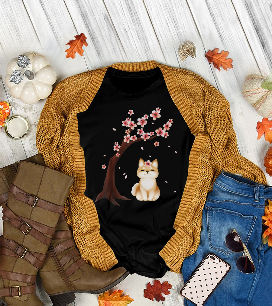 Shiba Inu Dog with Japanese Cherry Blossom Sakura Tree T-Shirt