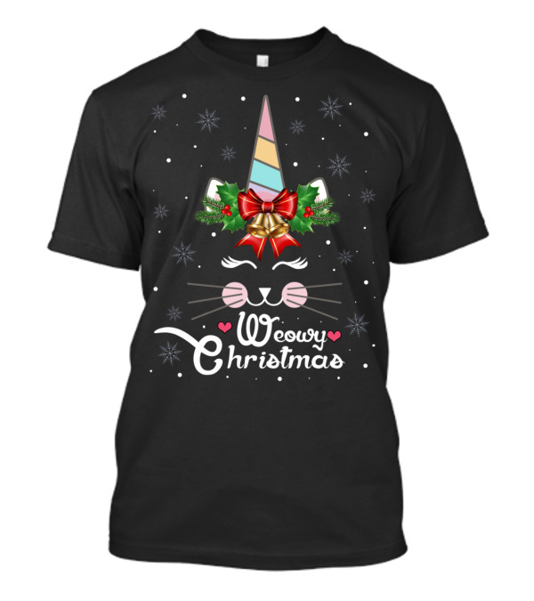 Weowy Christmas Cat Unicorn Cute Face Christmas Tree Snow T-Shirt