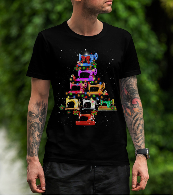 Funny Sewing Christmas Tree With Colorful Sewing Machines And Festive Lights T-Shirt