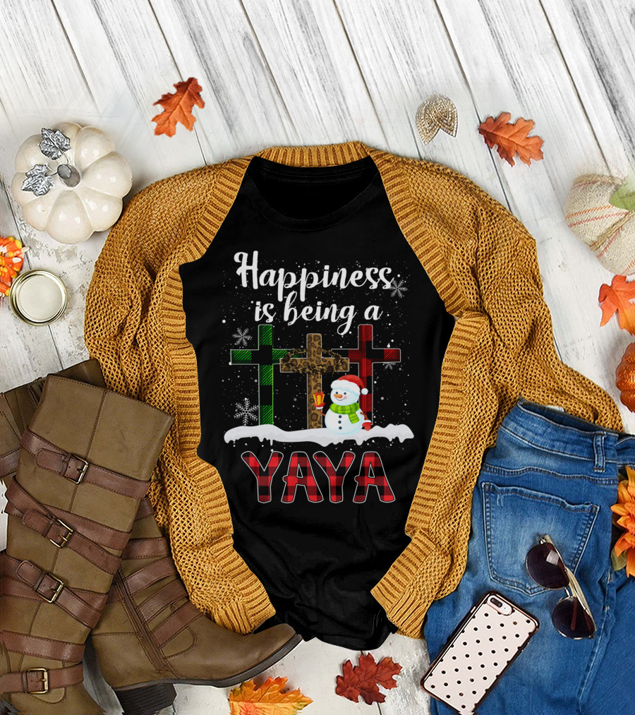 Happiness Is Being a Yaya Snowman with Plaid Crosses and Snowflakes T-Shirt