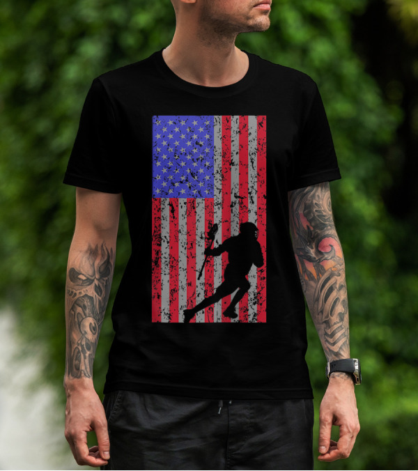 Lacrosse Player Vintage American Flag LAX T-Shirt