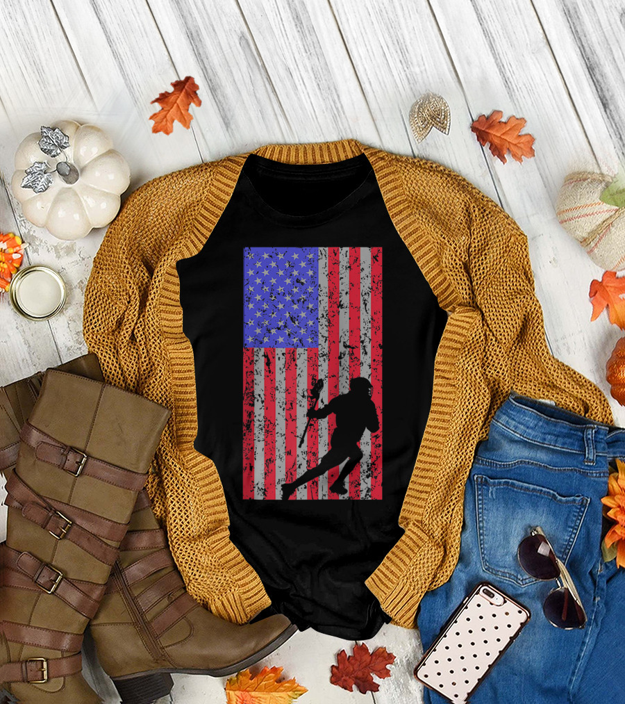 Lacrosse Player Vintage American Flag LAX T-Shirt
