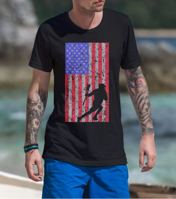 Lacrosse Player Vintage American Flag LAX T-Shirt