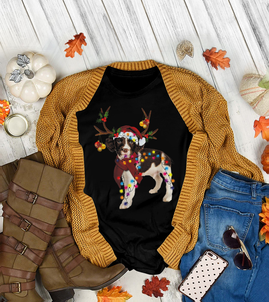 Christmas Lights English Springer Spaniel Dog with Santa Hat and Reindeer Antlers T-Shirt