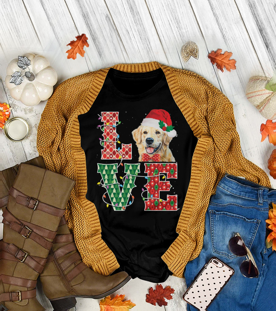 GOLDEN RETRIEVER LOVE CHRISTMAS LIGHTS SANTA HAT BOWTIE T-Shirt