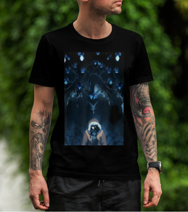 SOLO LEVELING COOLS Shadowy Figure Surrounded By Mysterious Blue Spirits T-Shirt