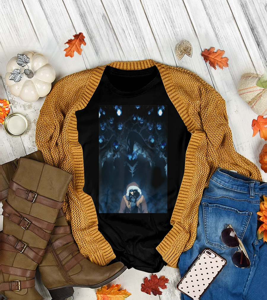 SOLO LEVELING COOLS Shadowy Figure Surrounded by Mysterious Blue Spirits T-Shirt