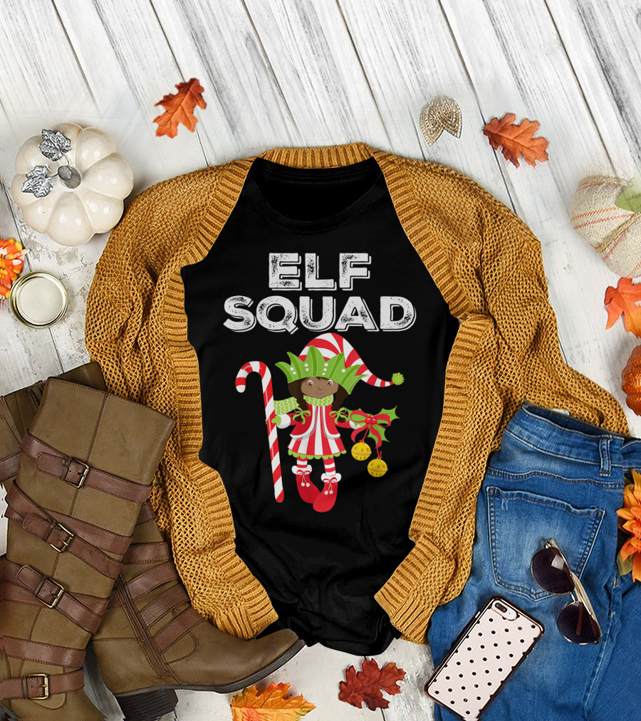 Elf Squad Cute Girl Christmas Candy Cane Bells T-Shirt
