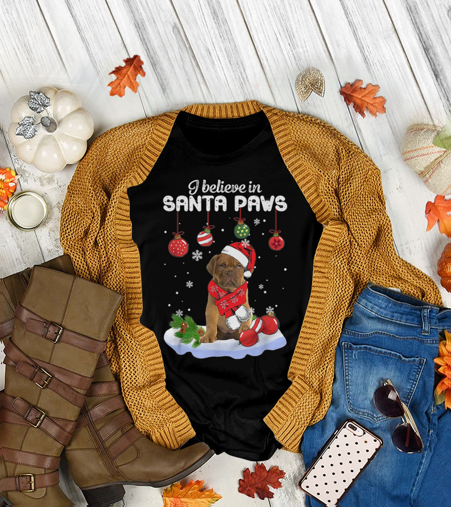 I Believe in Santa Paws Dogue de Bordeaux Christmas Scene T-Shirt