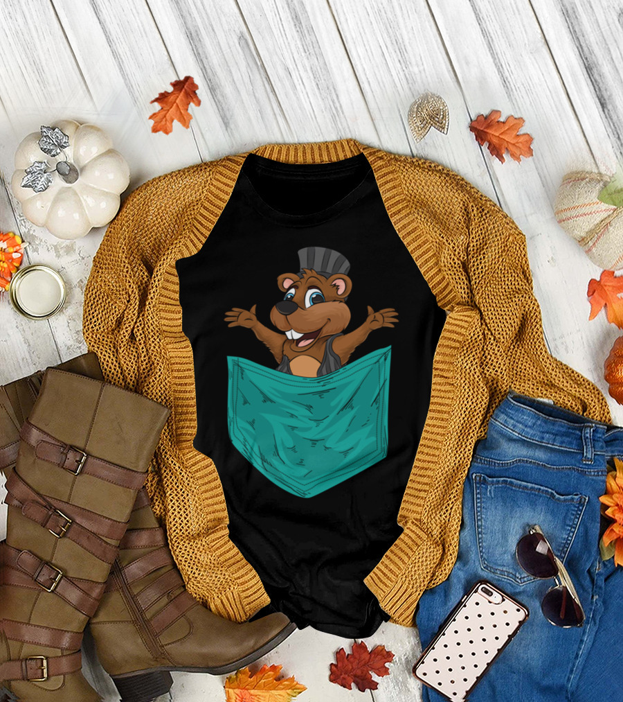Groundhog Popping Out of Pocket Cartoon for Groundhog Day Marmots T-Shirt