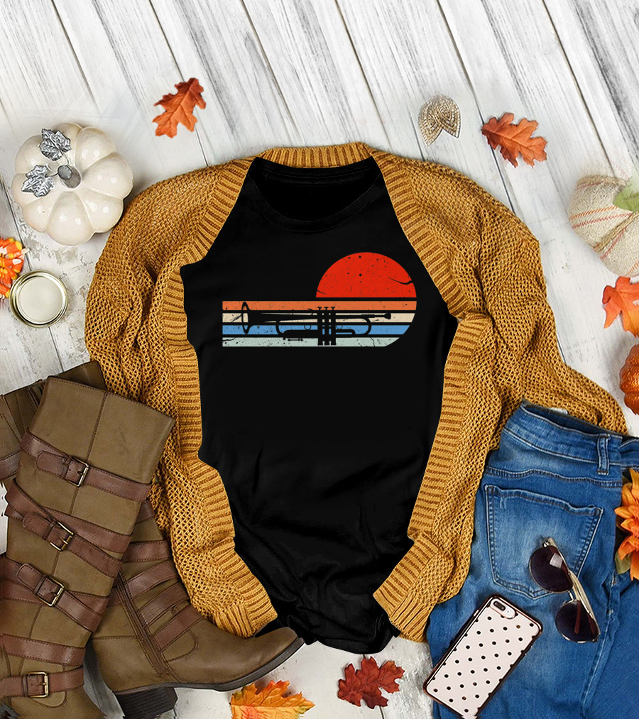 Retro Trumpet Musician Marching With Vintage Sunset T-Shirt